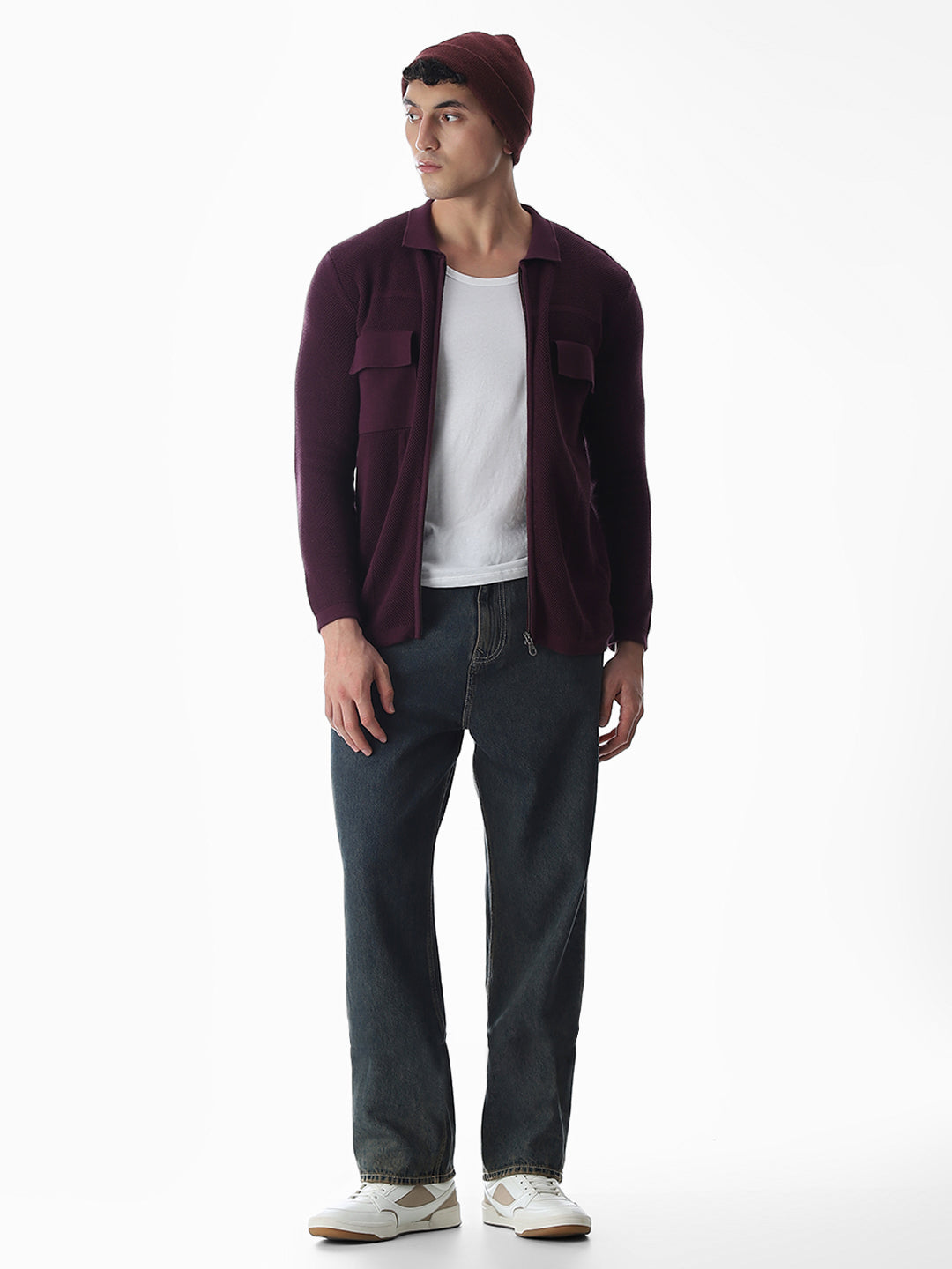 Purple Knitted Front Open Shirt