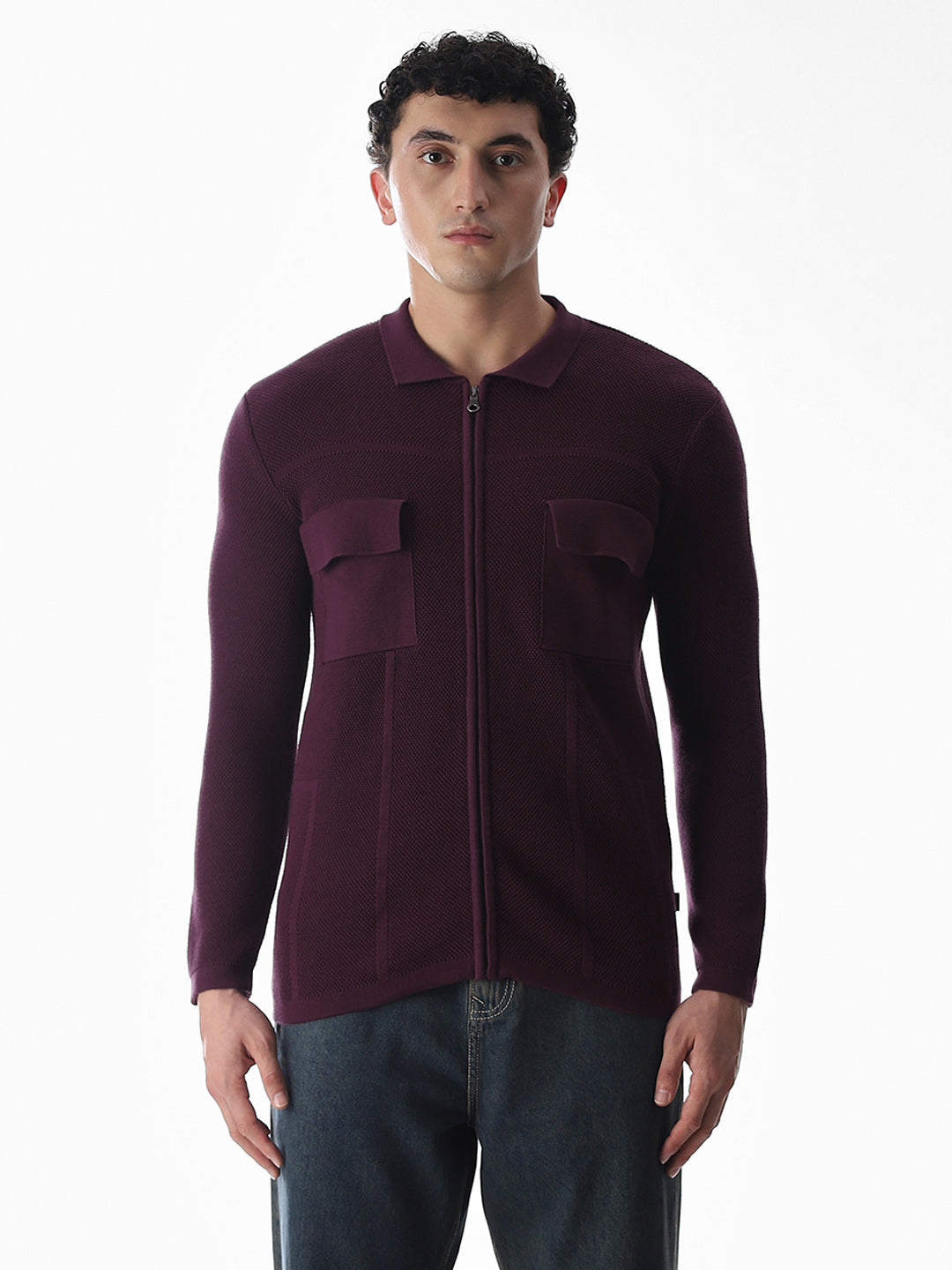 Purple Knitted Front Open Shirt