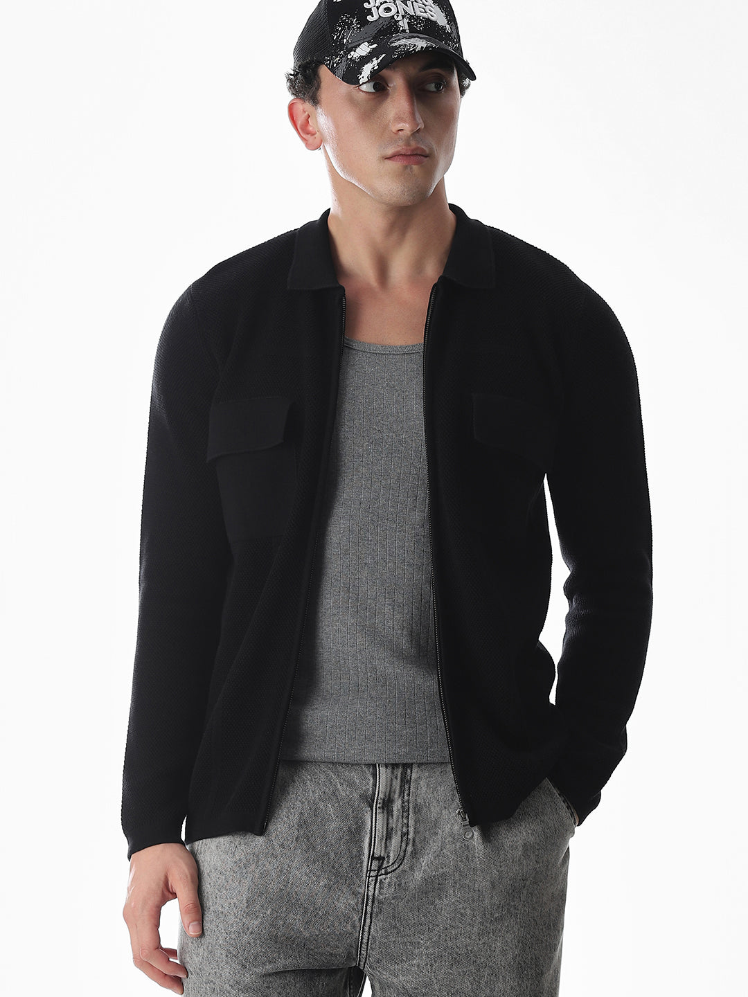 Black Knitted Front Open Shirt