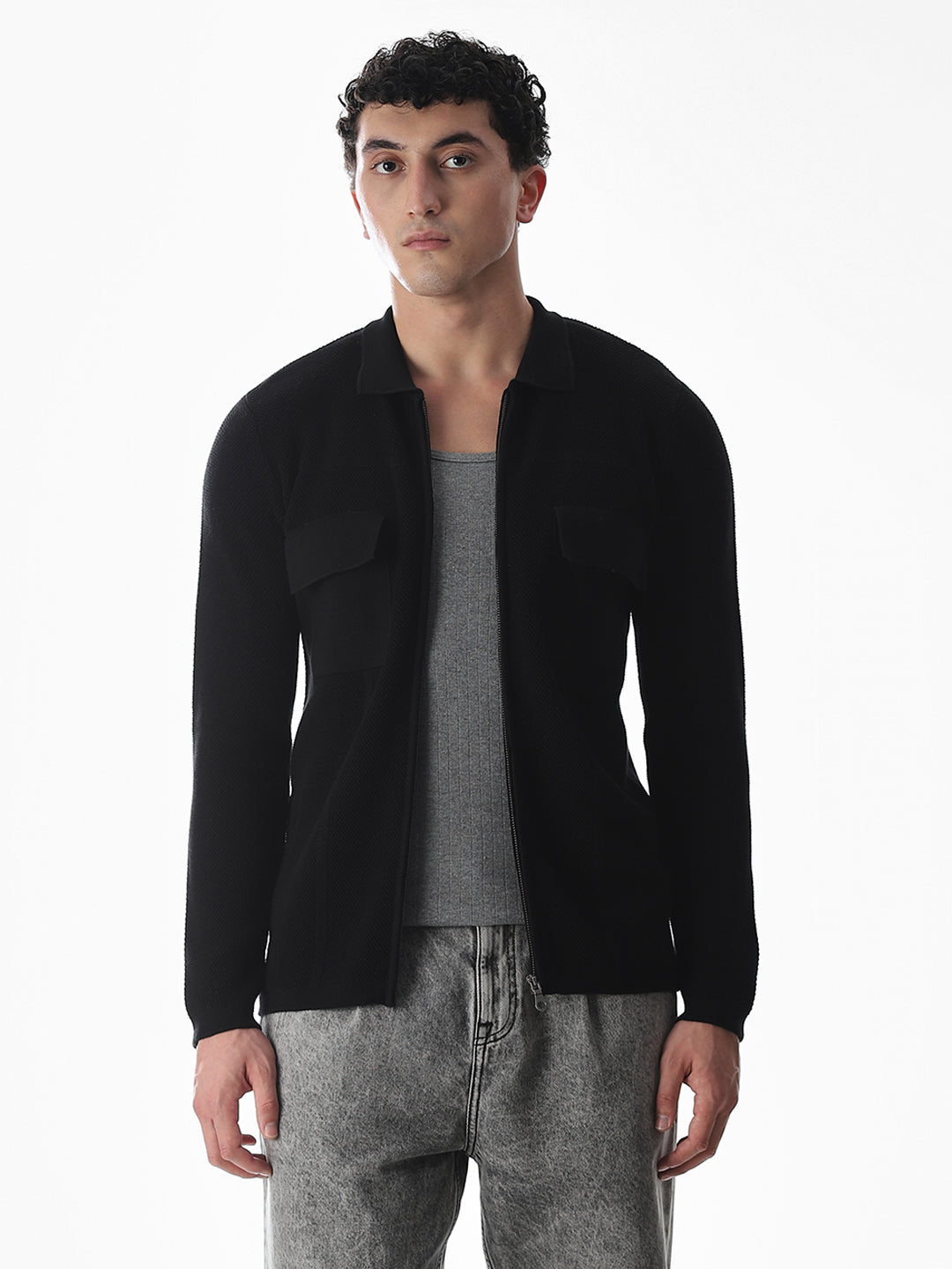Black Knitted Front Open Shirt