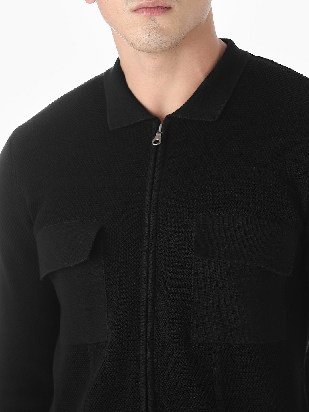 Black Knitted Front Open Shirt