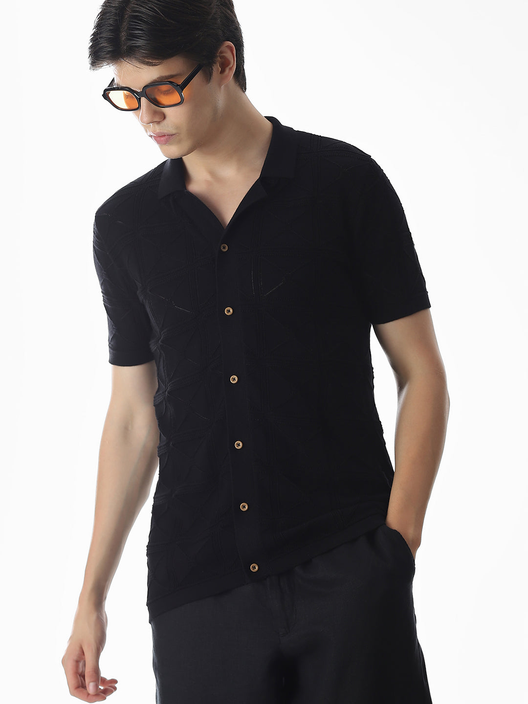 Black Knitted Jacquard Front Open Shirt