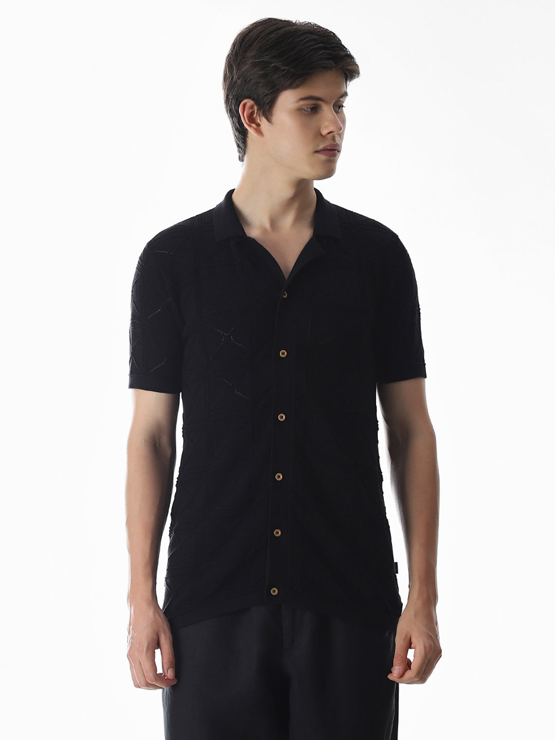 Black Knitted Jacquard Front Open Shirt