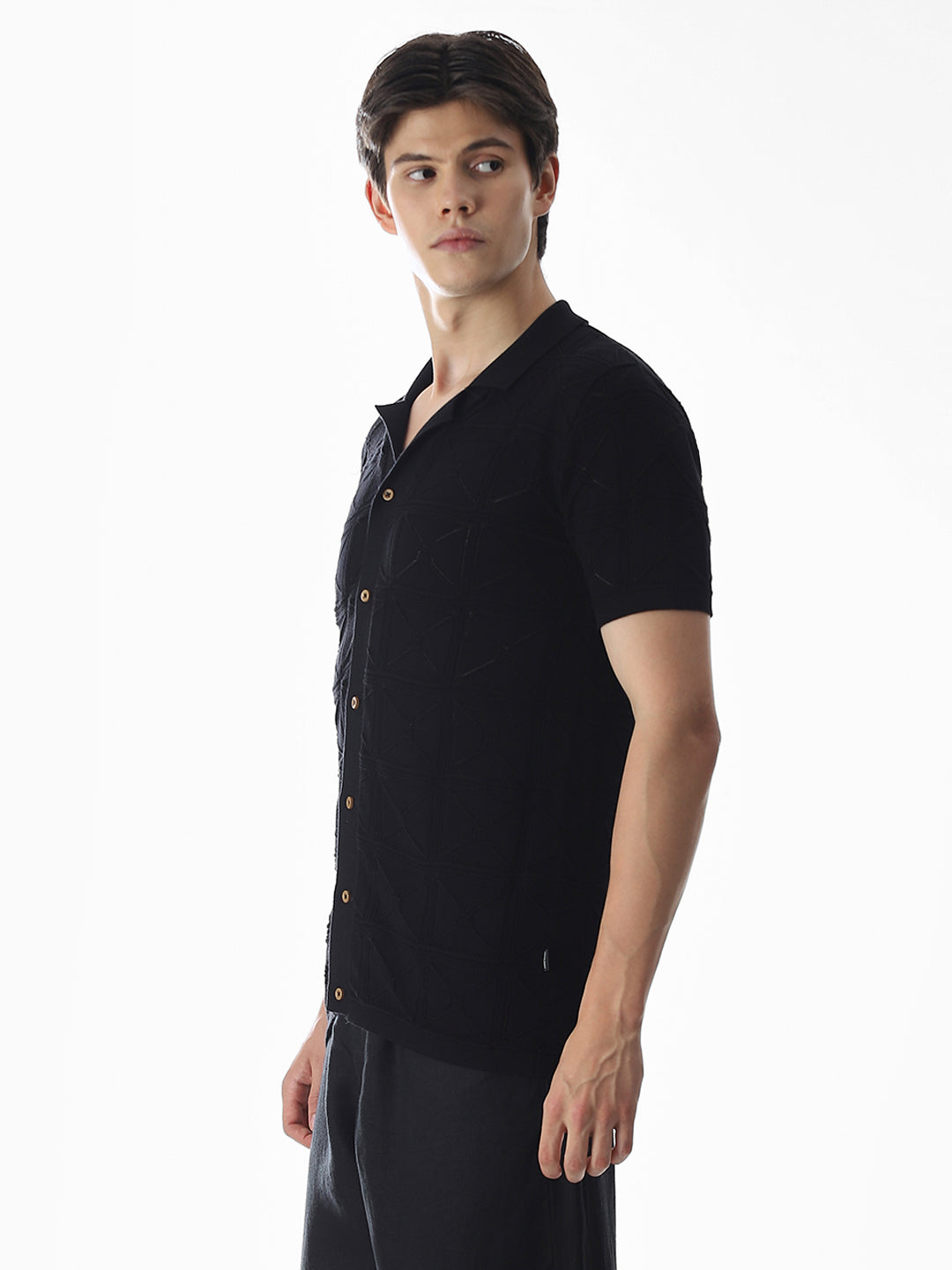 Black Knitted Jacquard Front Open Shirt