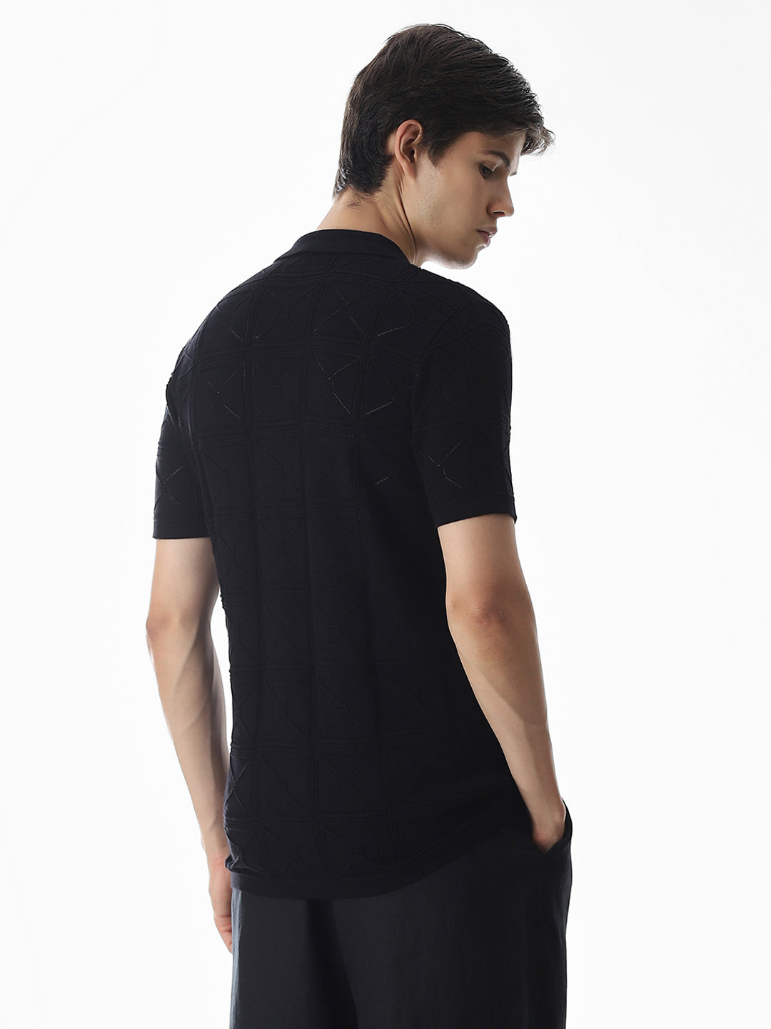 Black Knitted Jacquard Front Open Shirt