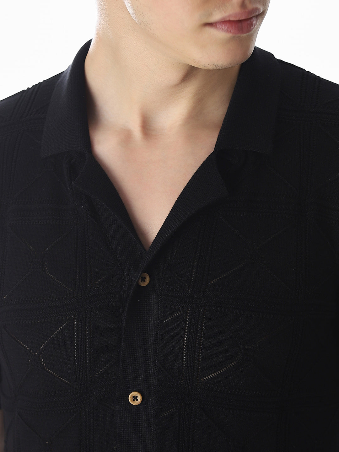 Black Knitted Jacquard Front Open Shirt