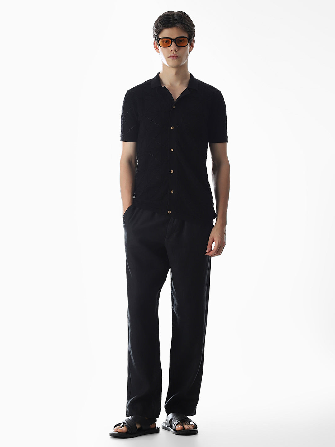 Black Knitted Jacquard Front Open Shirt