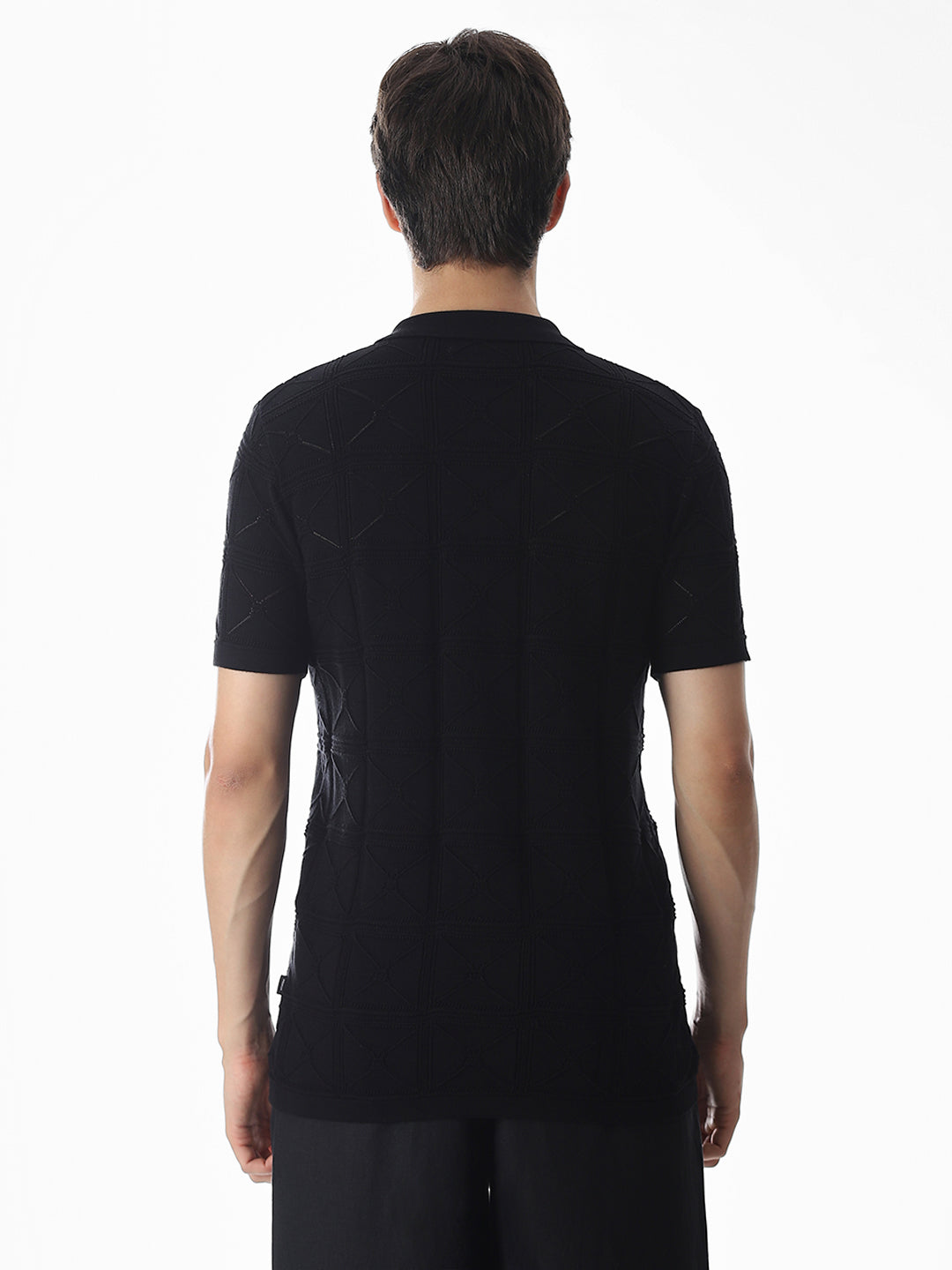 Black Knitted Jacquard Front Open Shirt