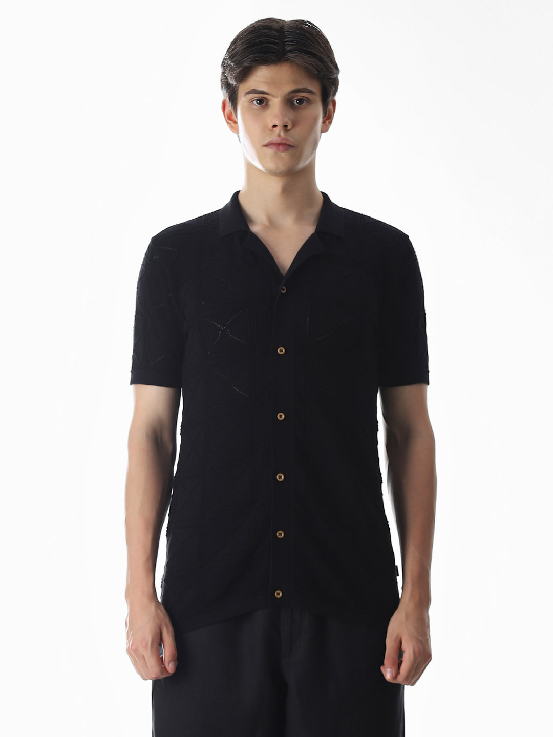 Black Knitted Jacquard Front Open Shirt