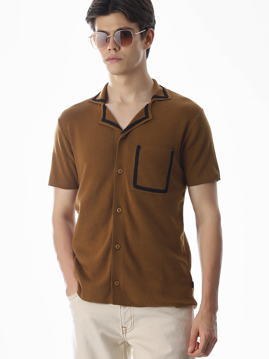 Brown Knitted Drop Shoulder Polo