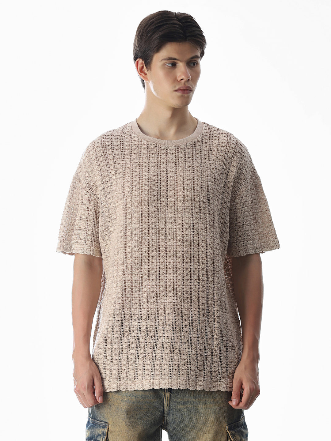 Beige Jacquard Boxy Fit T-shirt