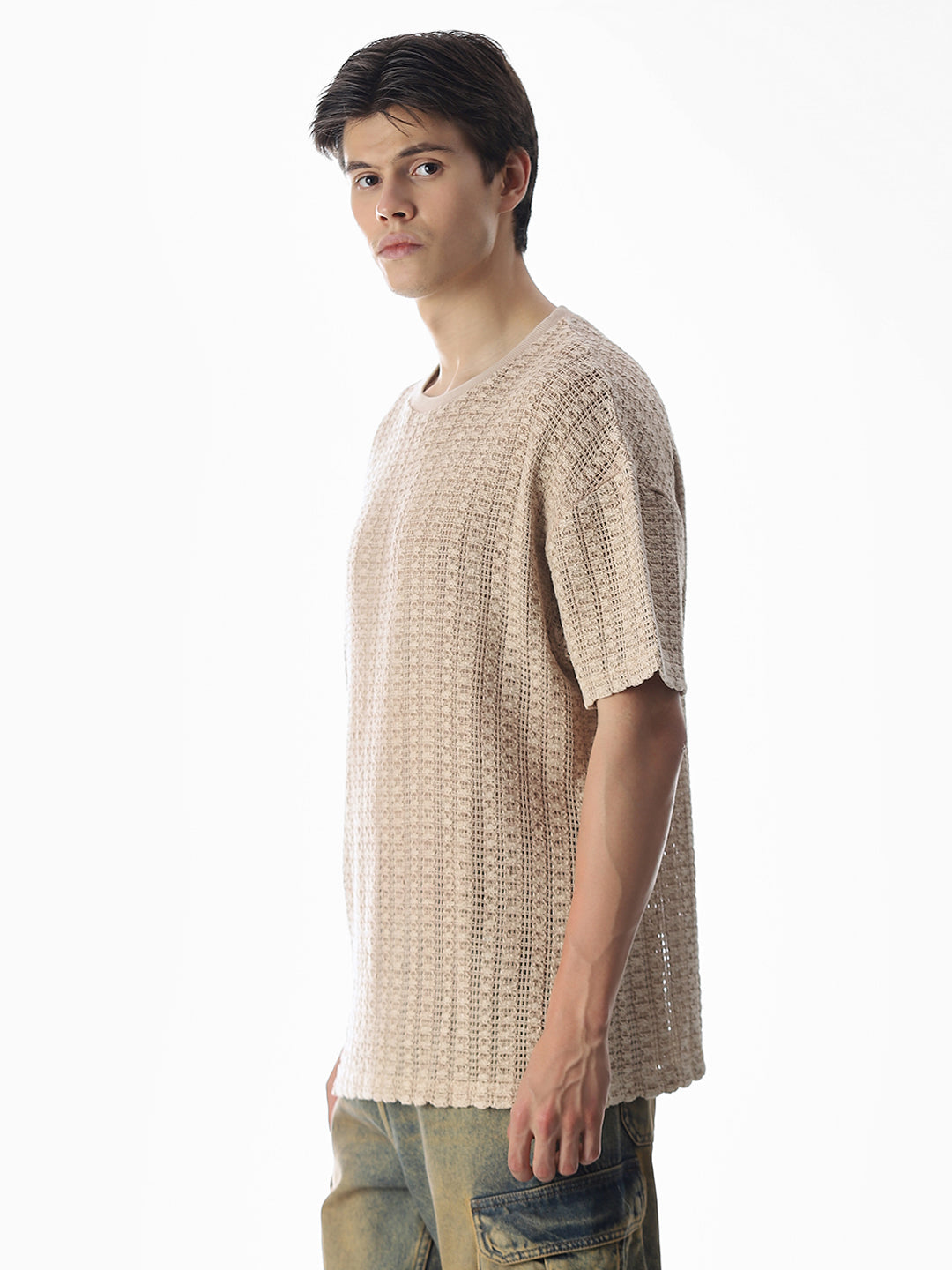 Beige Jacquard Boxy Fit T-shirt