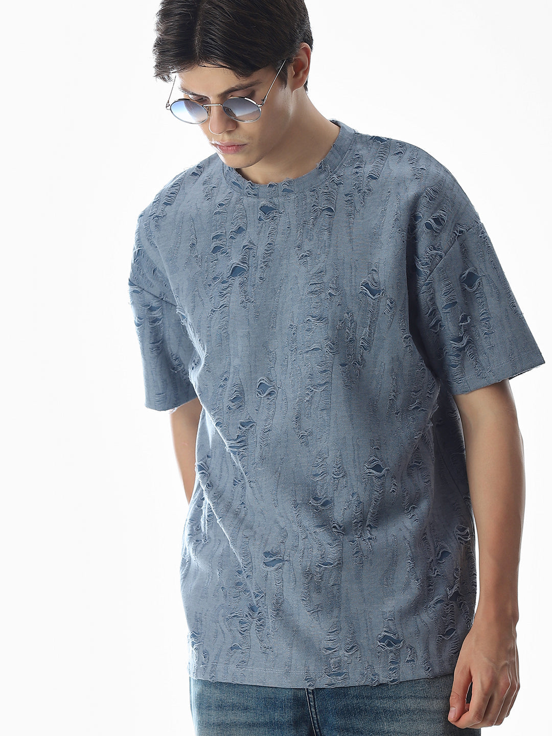 Blue Distressed Boxy Fit T-shirt