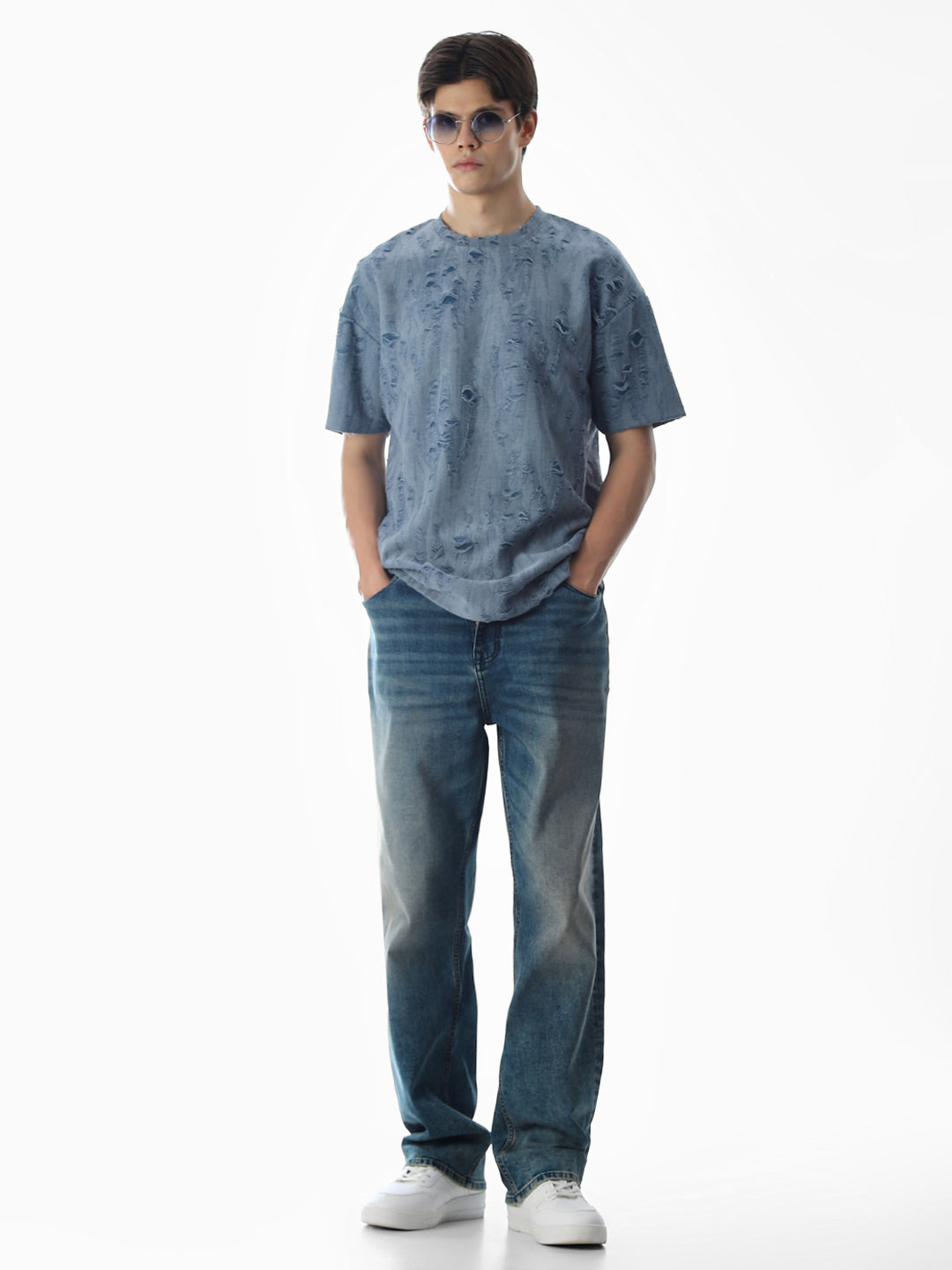 Blue Distressed Boxy Fit T-shirt