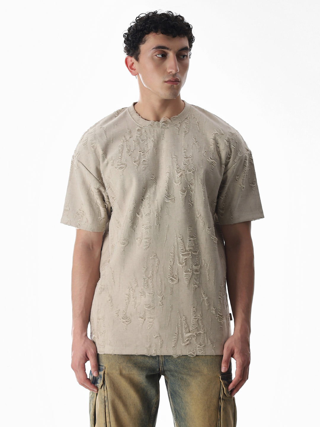 Beige Distressed Boxy Fit T-shirt