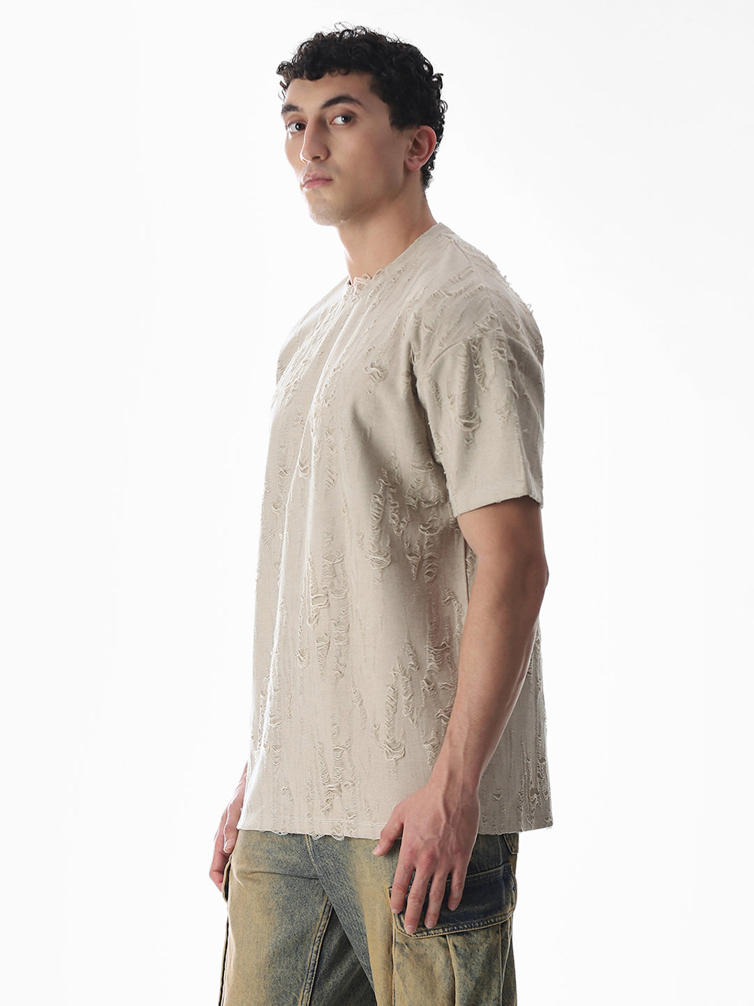 Beige Distressed Boxy Fit T-shirt