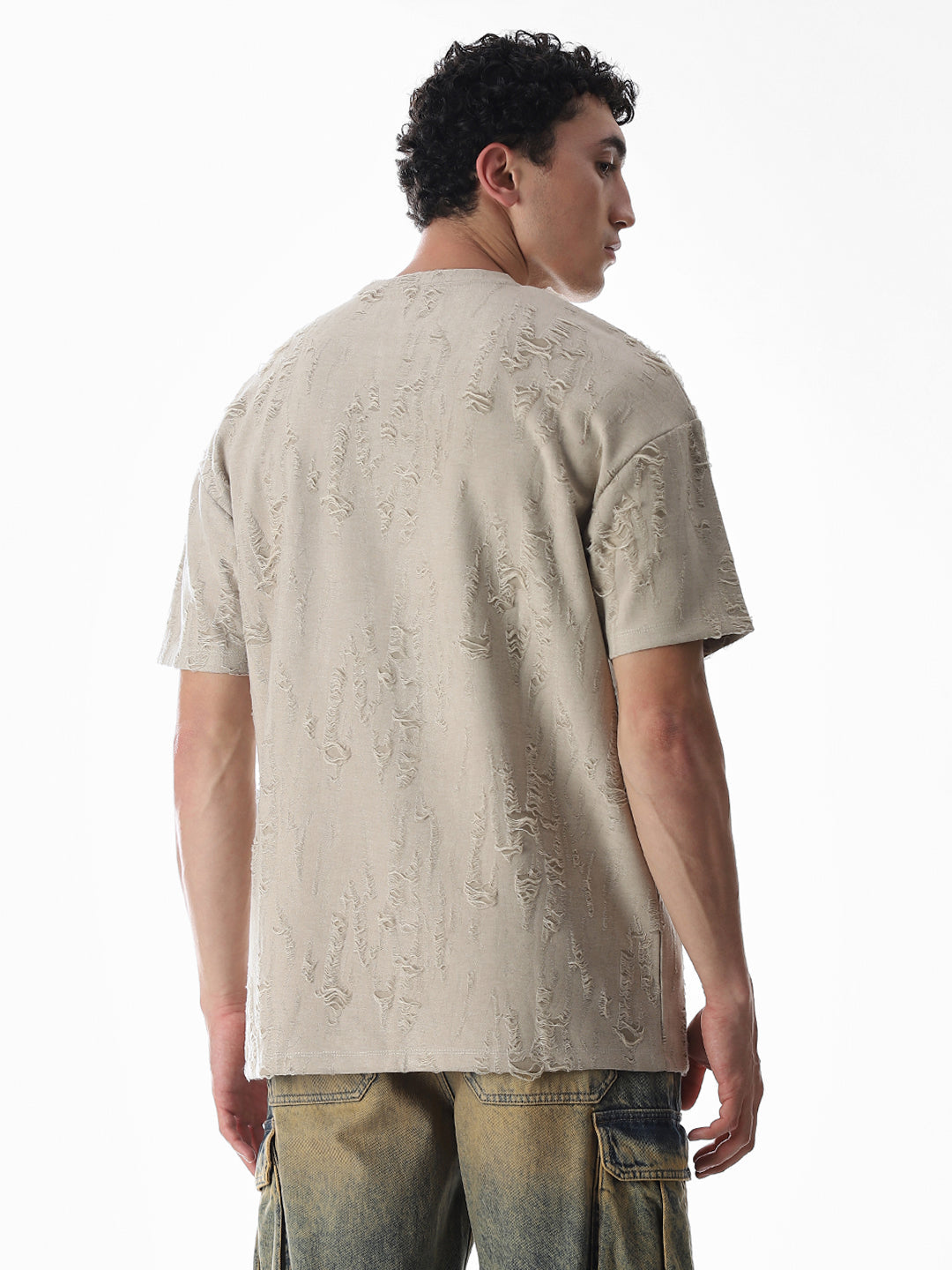 Beige Distressed Boxy Fit T-shirt