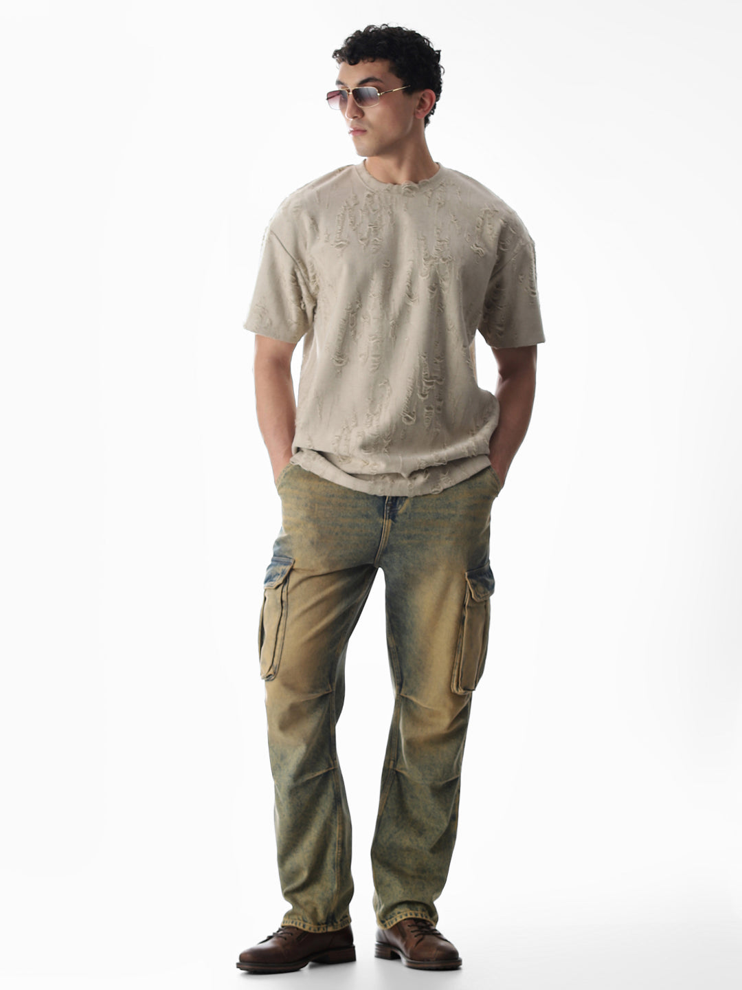 Beige Distressed Boxy Fit T-shirt