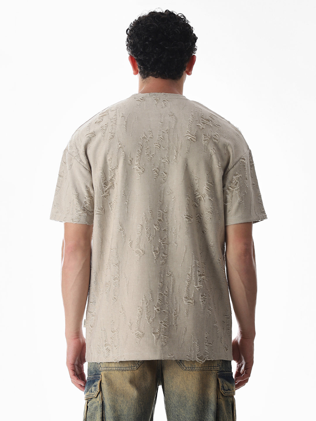 Beige Distressed Boxy Fit T-shirt