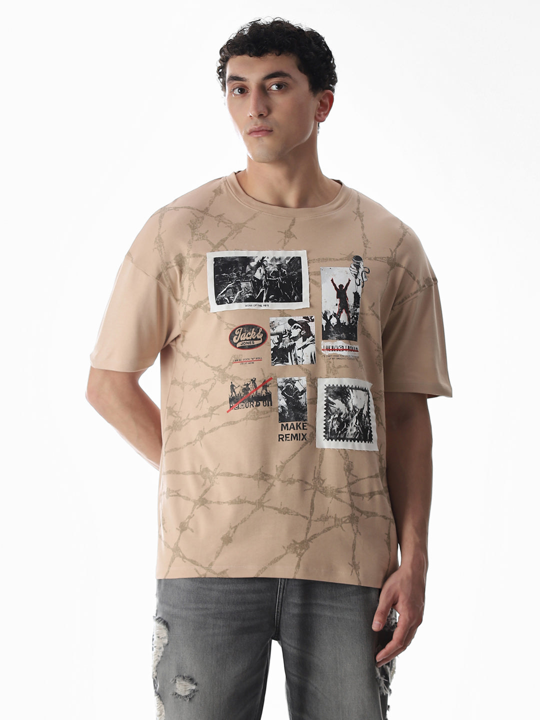 Beige Patch Print Boxy Fit T-Shirt