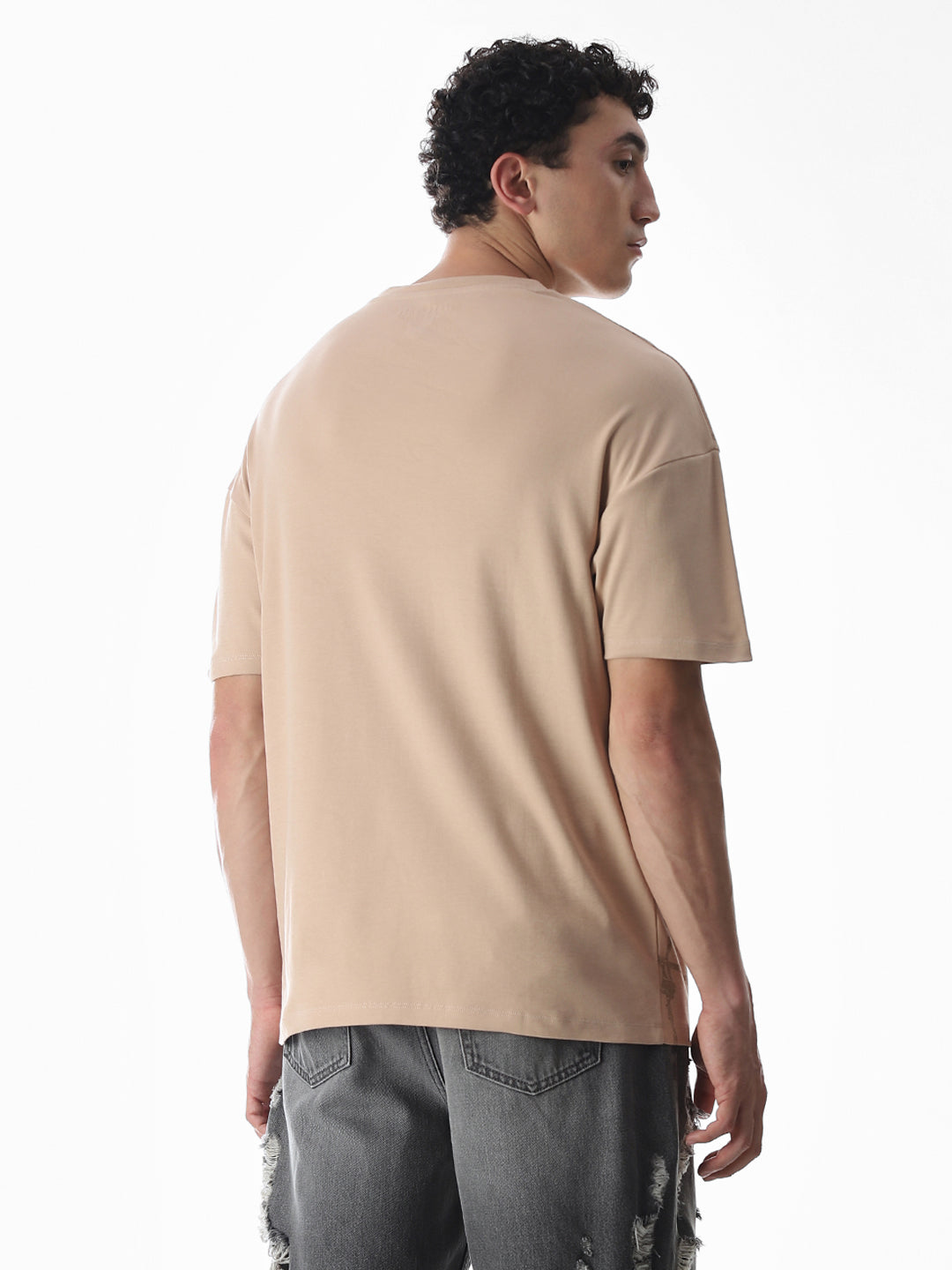 Beige Patch Print Boxy Fit T-Shirt