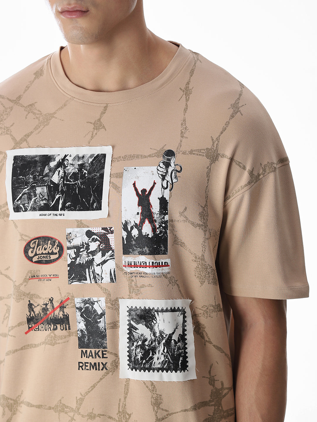 Beige Patch Print Boxy Fit T-Shirt