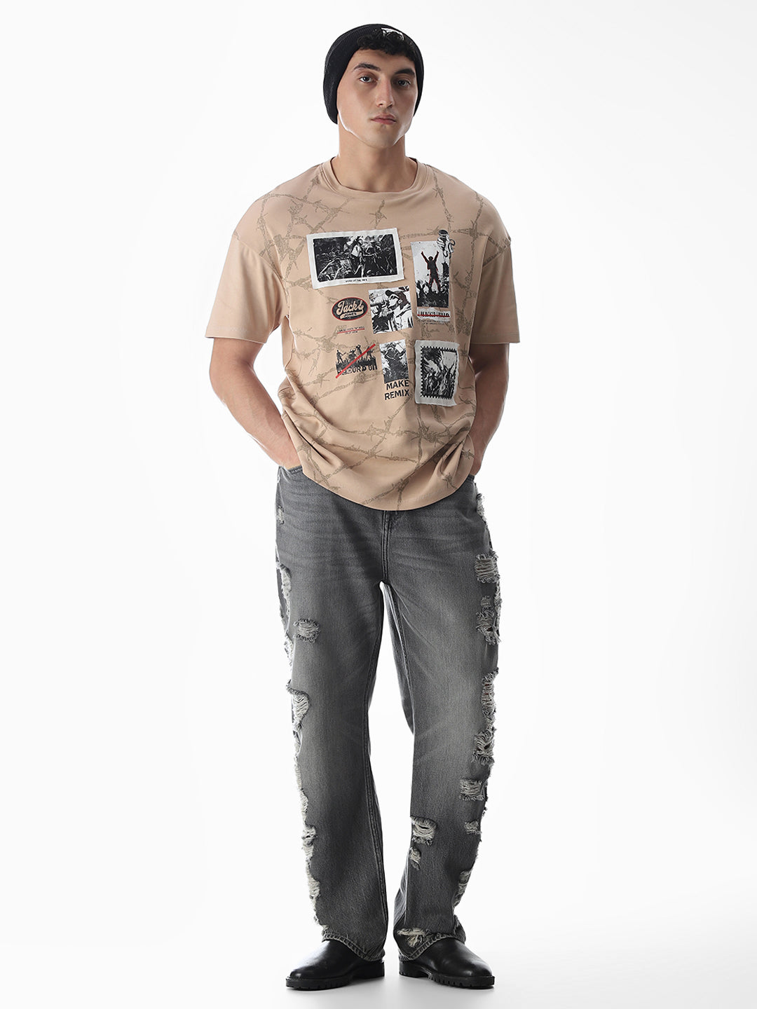 Beige Patch Print Boxy Fit T-Shirt