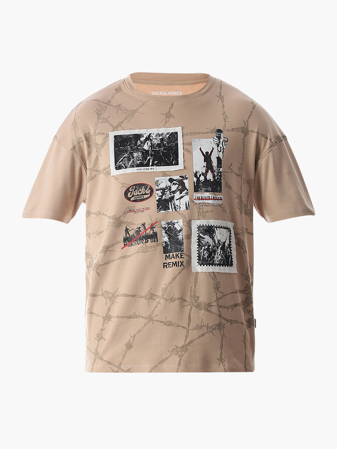 Beige Patch Print Boxy Fit T-Shirt