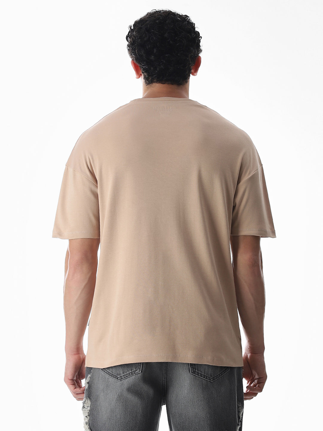 Beige Patch Print Boxy Fit T-Shirt