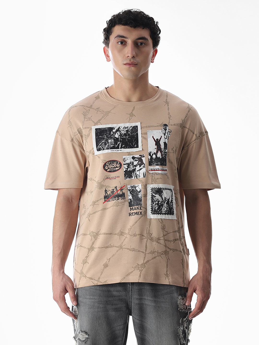 Beige Patch Print Boxy Fit T-Shirt