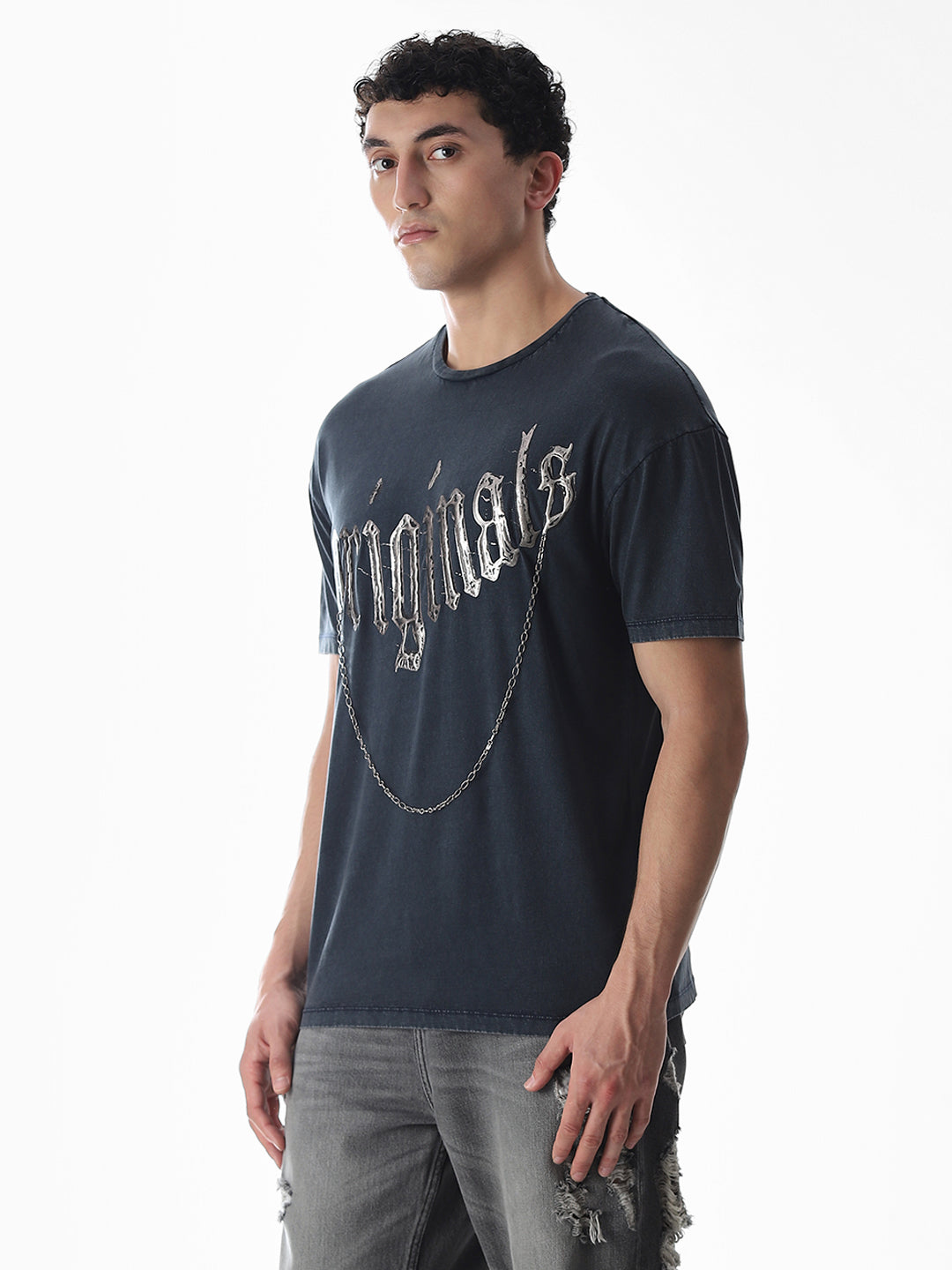 Blue Chain Detail Cotton T-shirt
