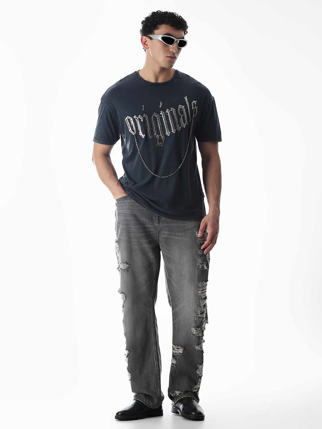 Blue Chain Detail Cotton T-shirt