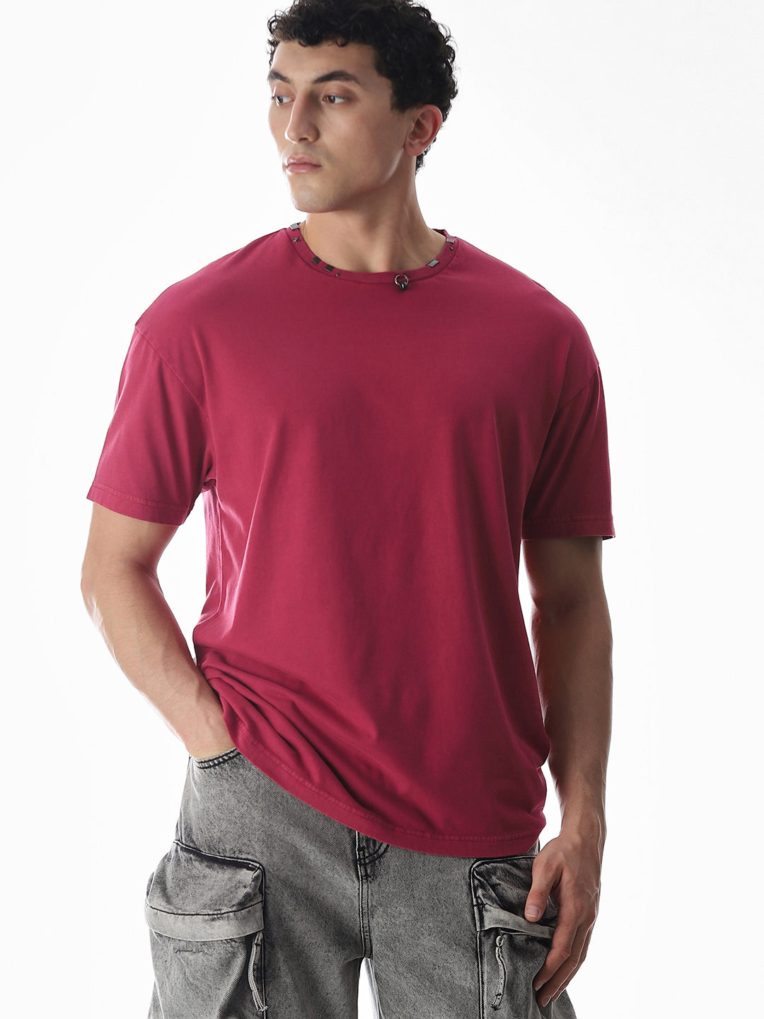 Dark Red Embellished Collar T-shirt
