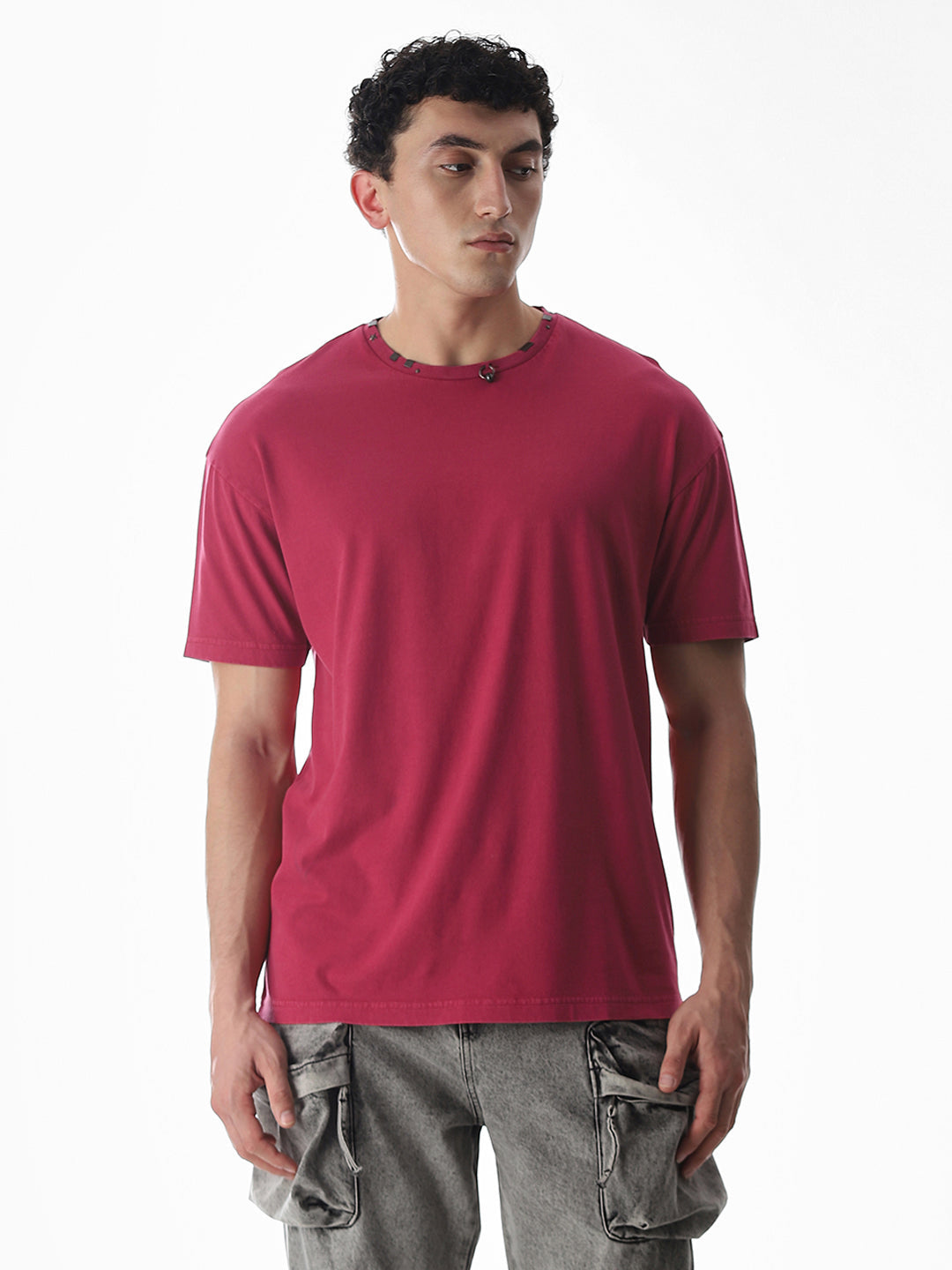 Dark Red Embellished Collar T-shirt