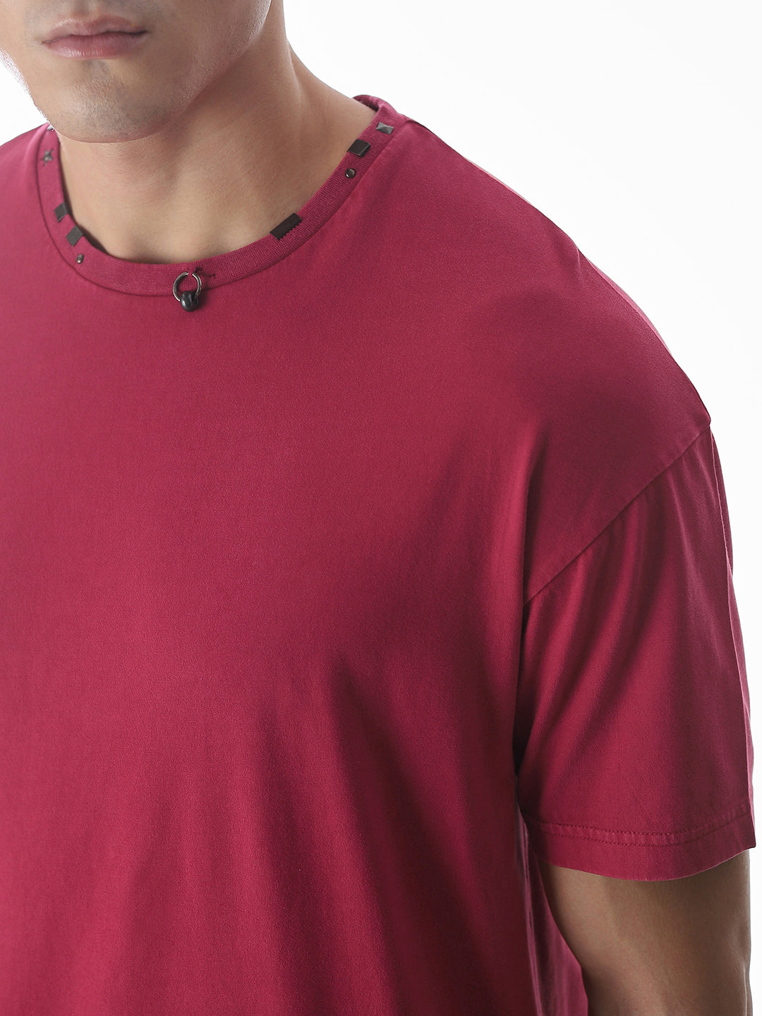 Dark Red Embellished Collar T-shirt