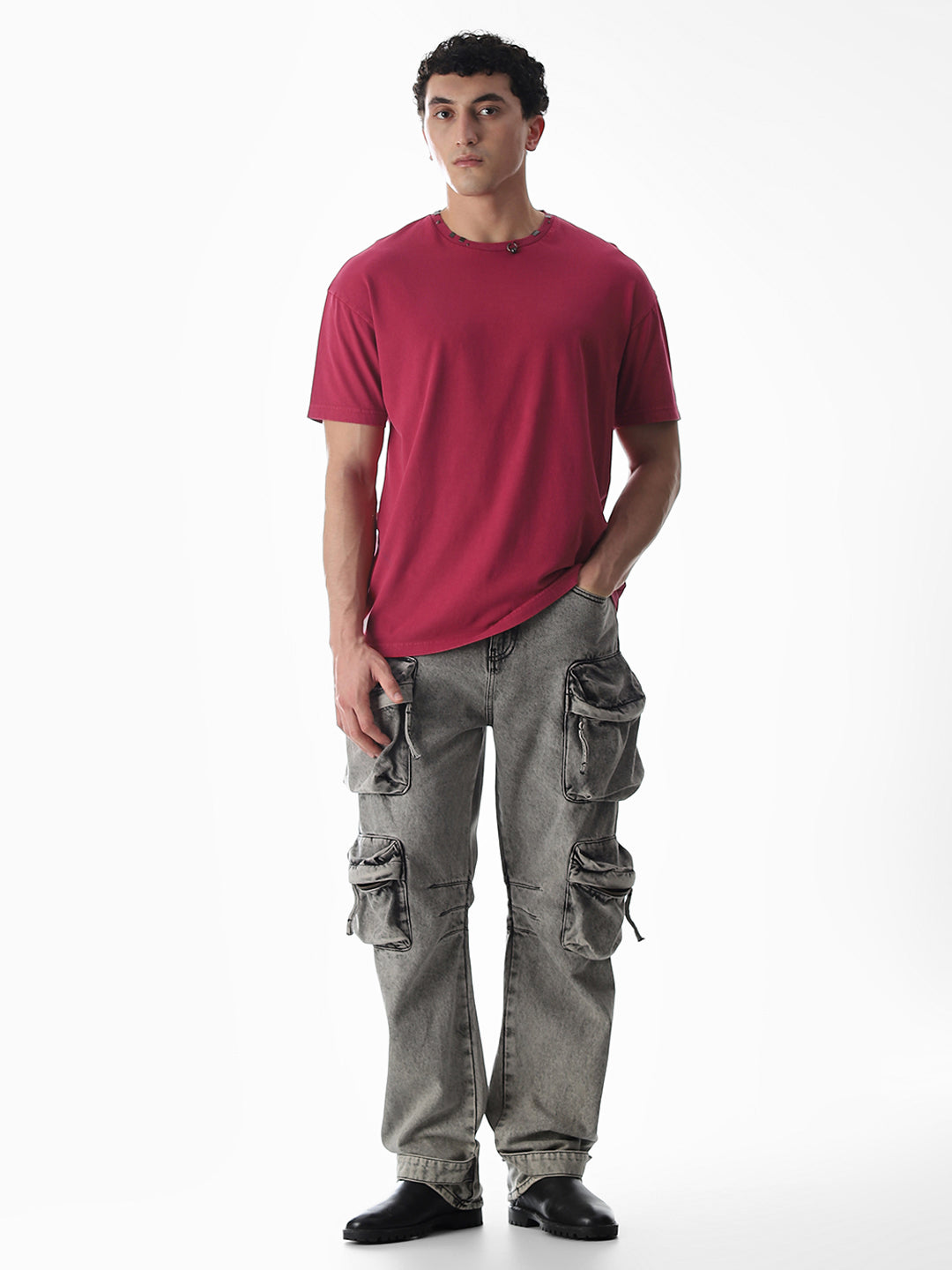 Dark Red Embellished Collar T-shirt