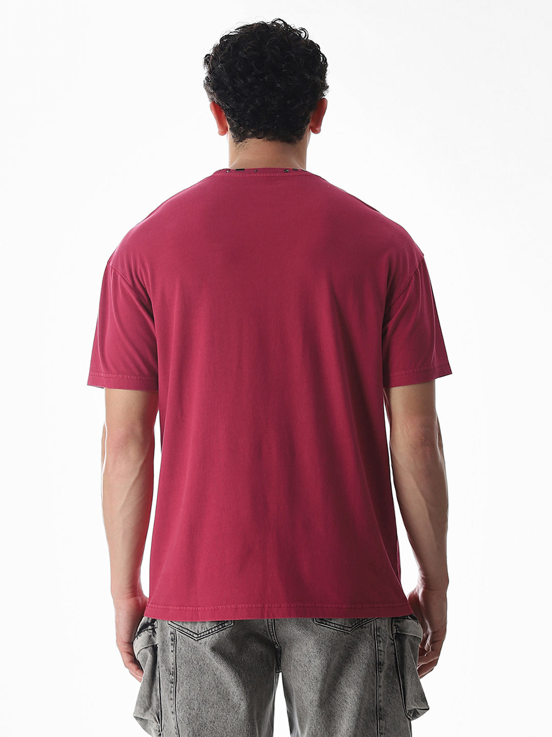 Dark Red Embellished Collar T-shirt