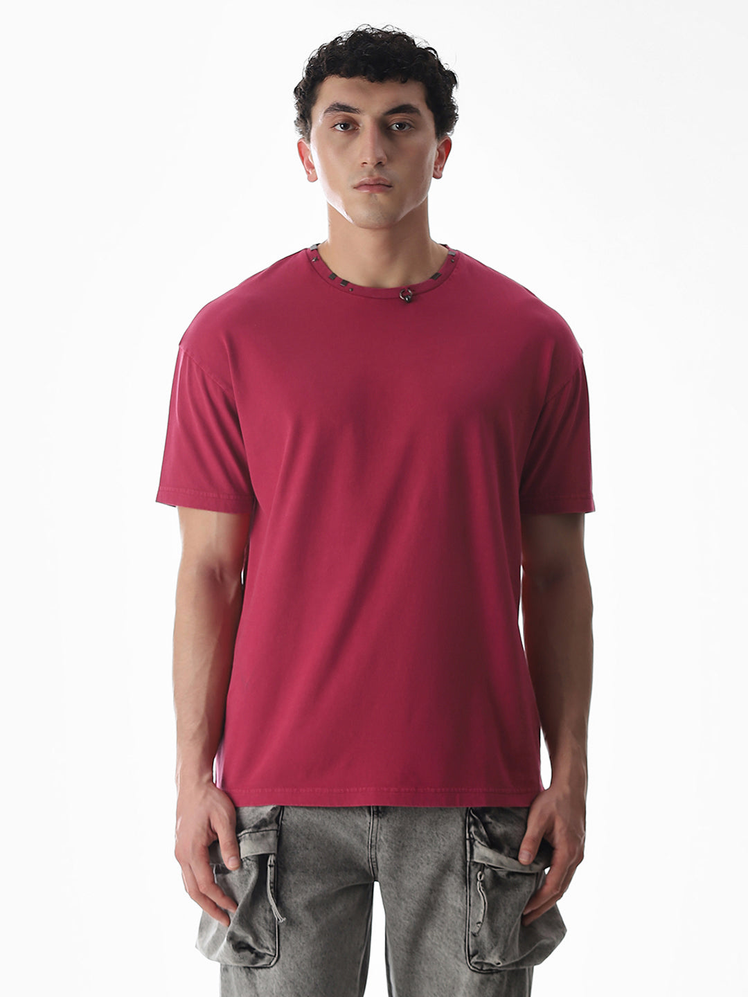 Dark Red Embellished Collar T-shirt