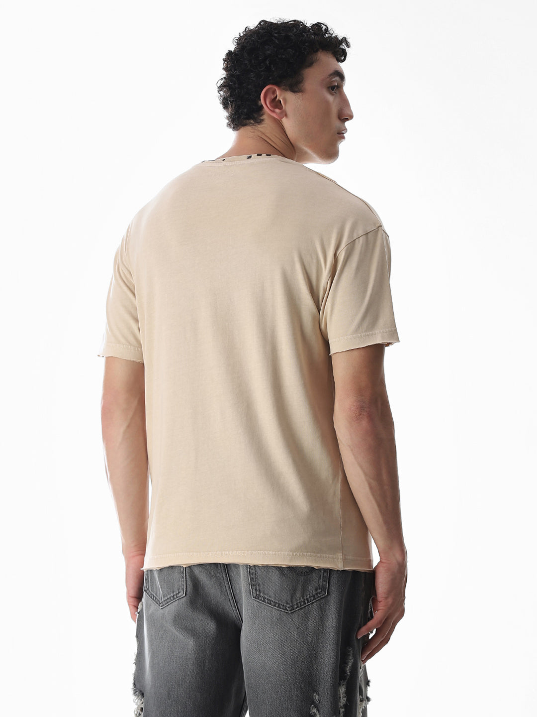 Beige Torn Detail Boxy Fit T-shirt