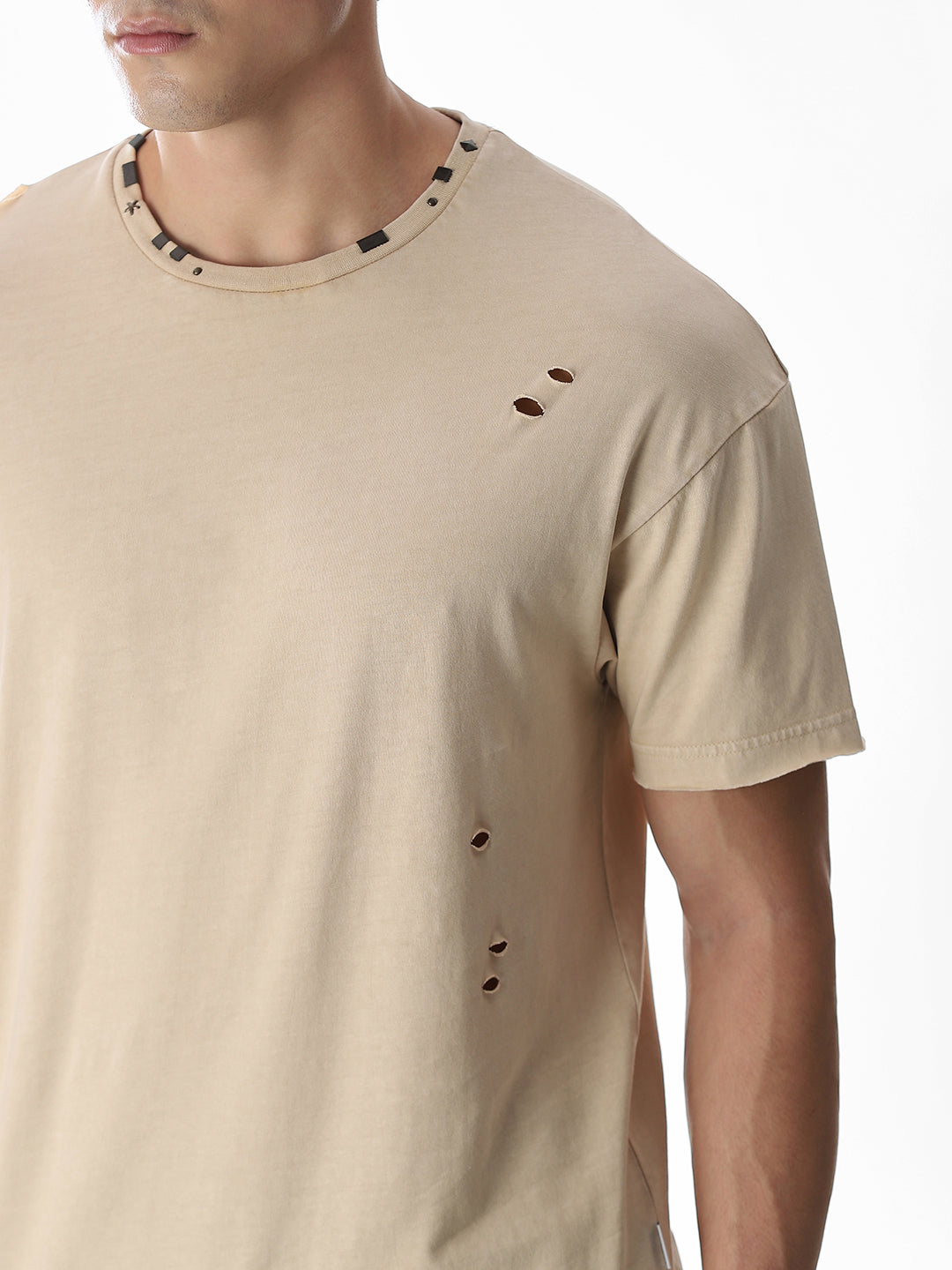Beige Torn Detail Boxy Fit T-shirt