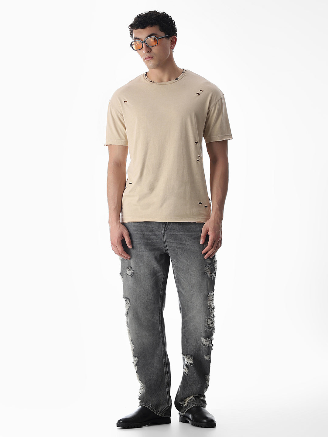Beige Torn Detail Boxy Fit T-shirt