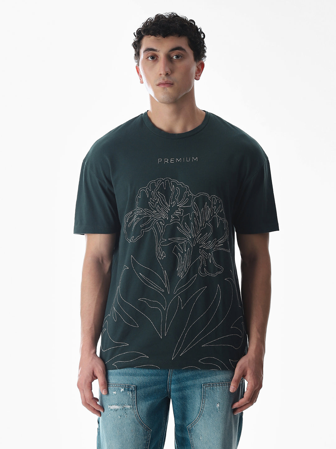 Green Embroidered Print Cotton T-shirt
