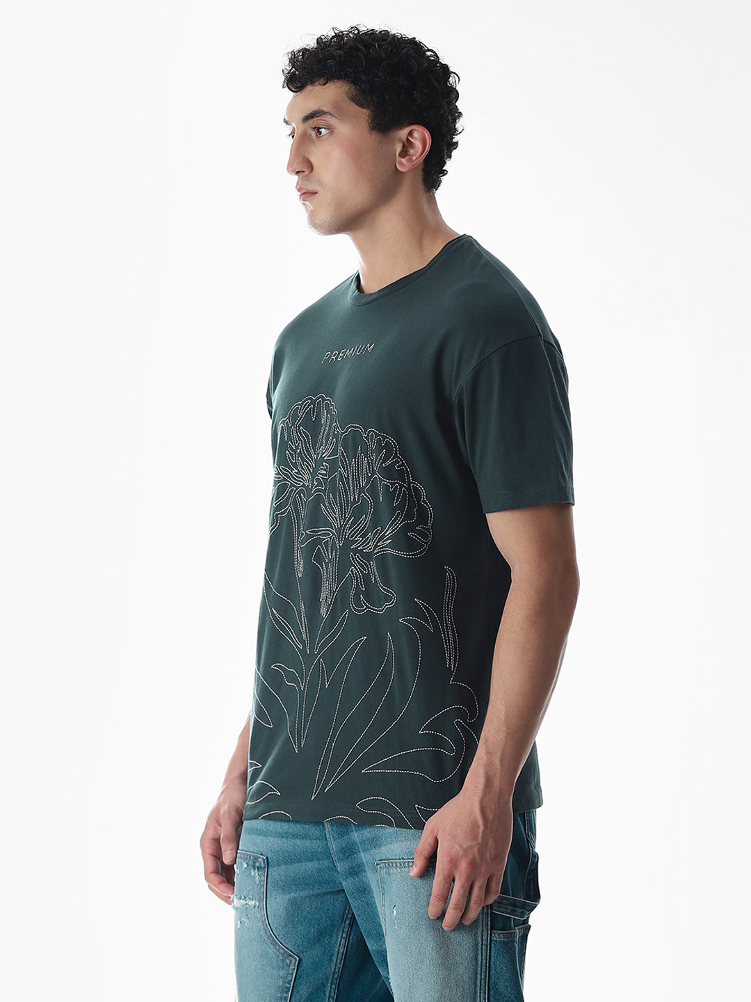 Green Embroidered Print Cotton T-shirt