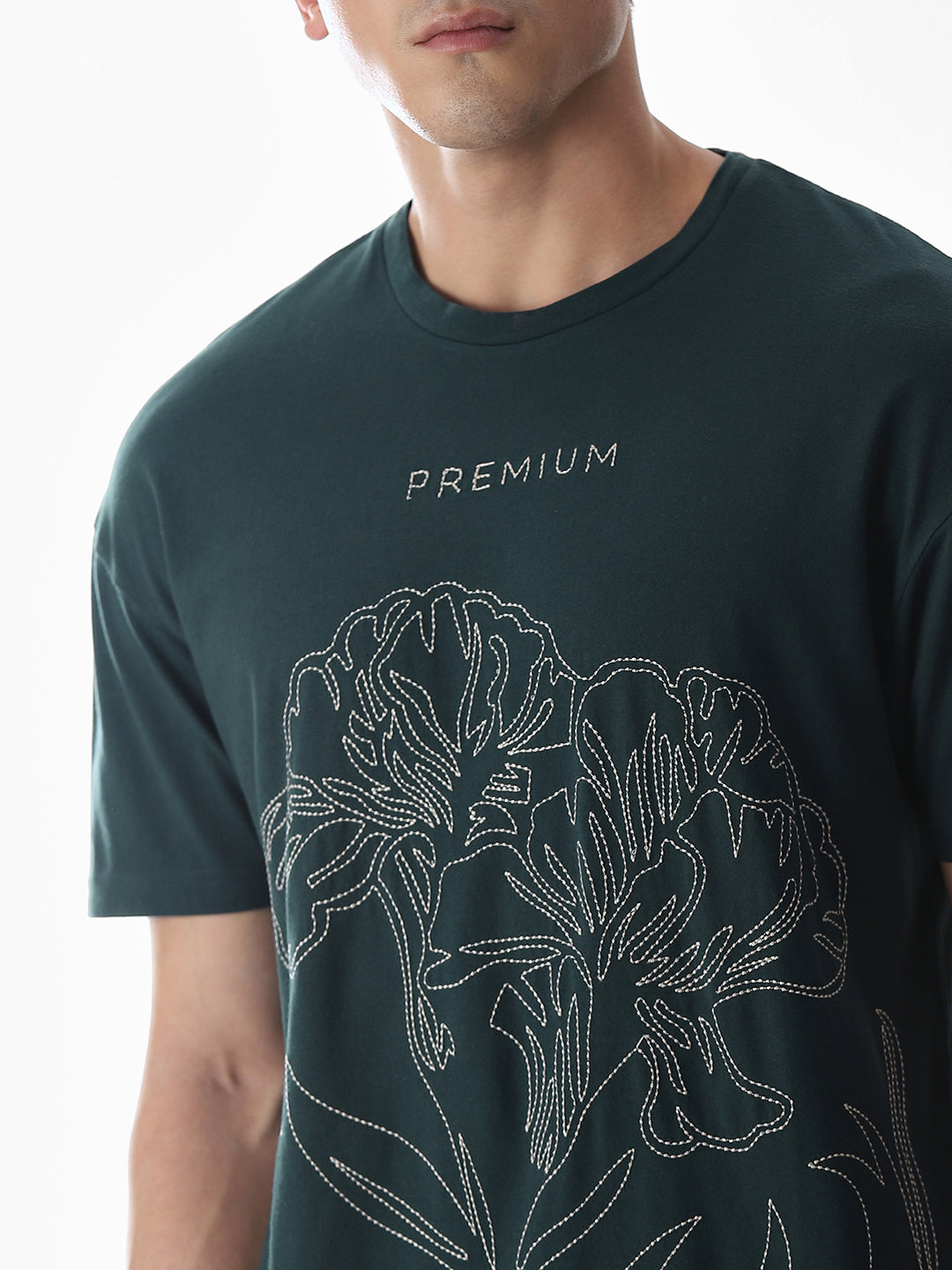 Green Embroidered Print Cotton T-shirt