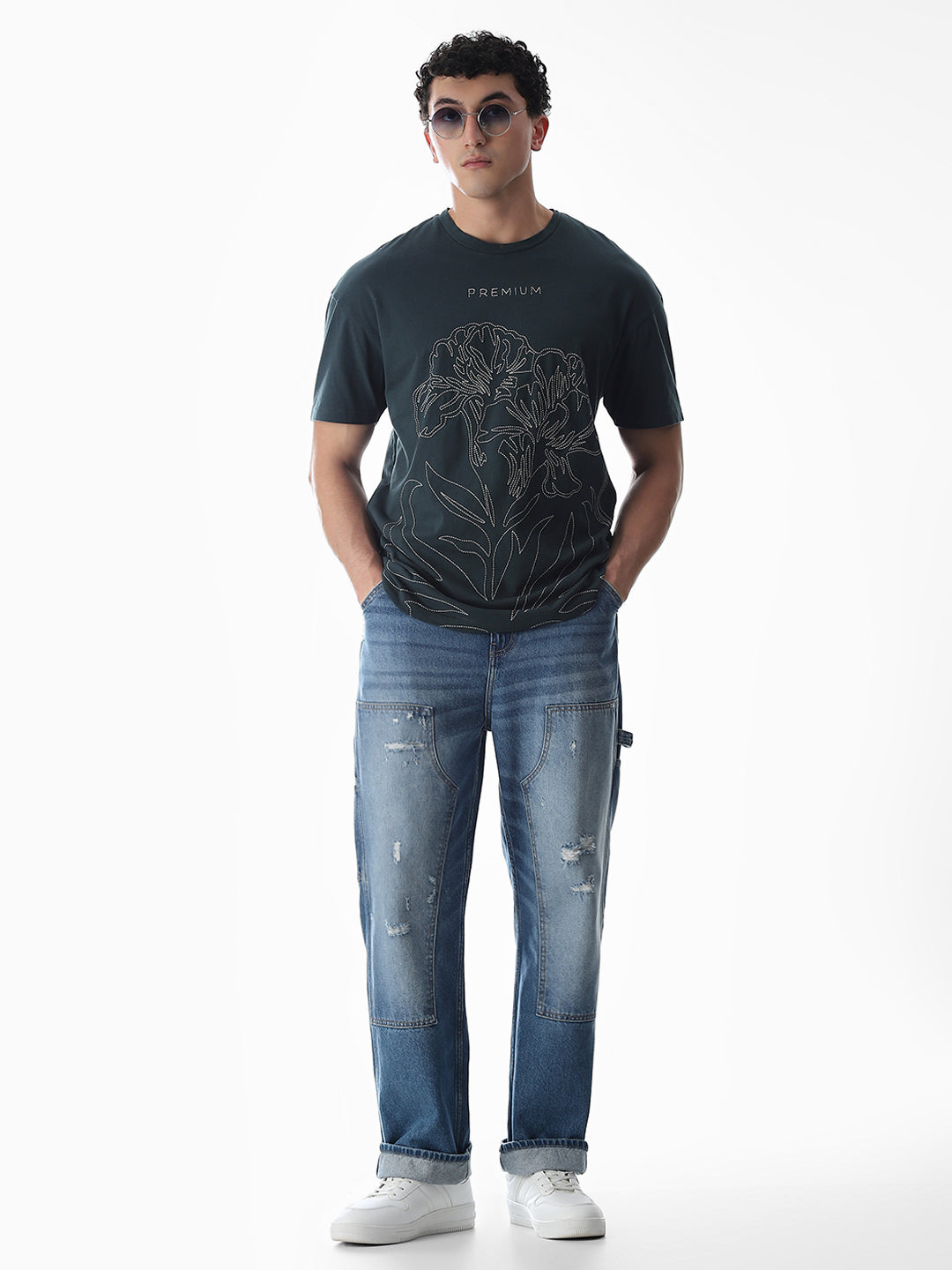 Green Embroidered Print Cotton T-shirt