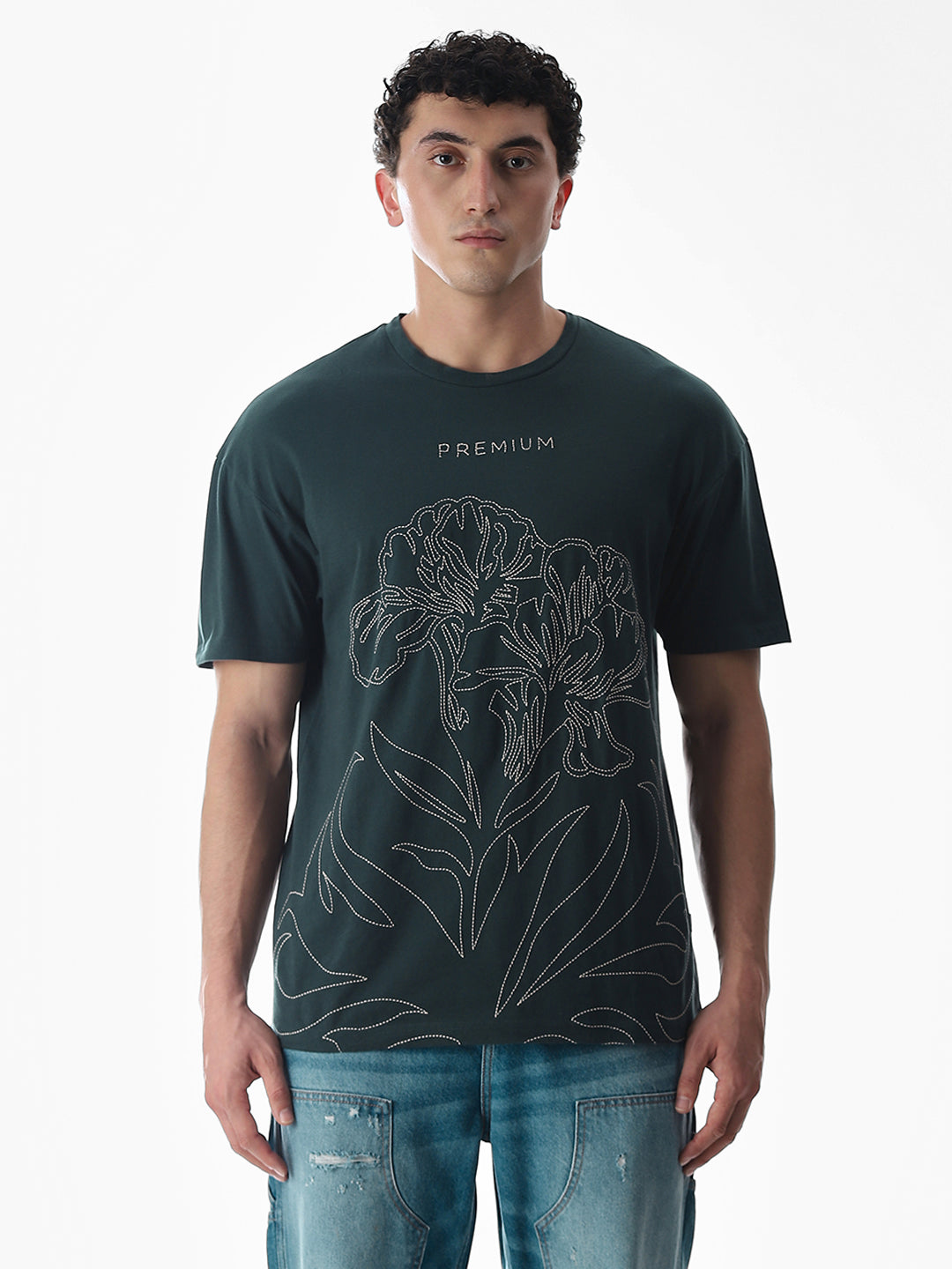 Green Embroidered Print Cotton T-shirt