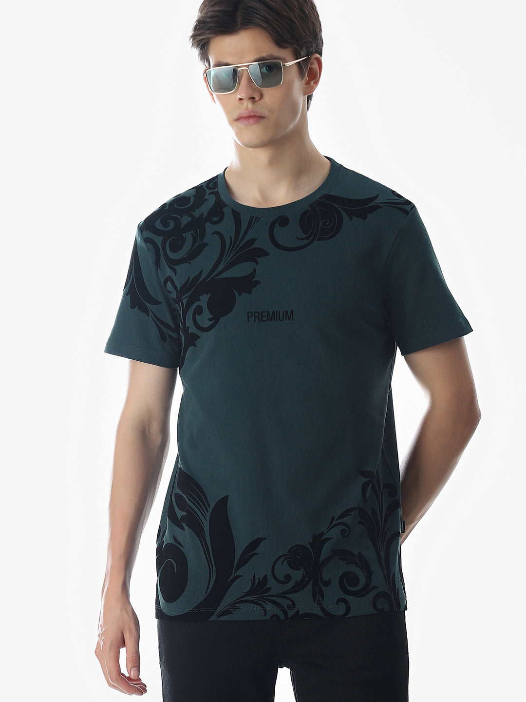 Dark Green Printed Cotton T-shirt