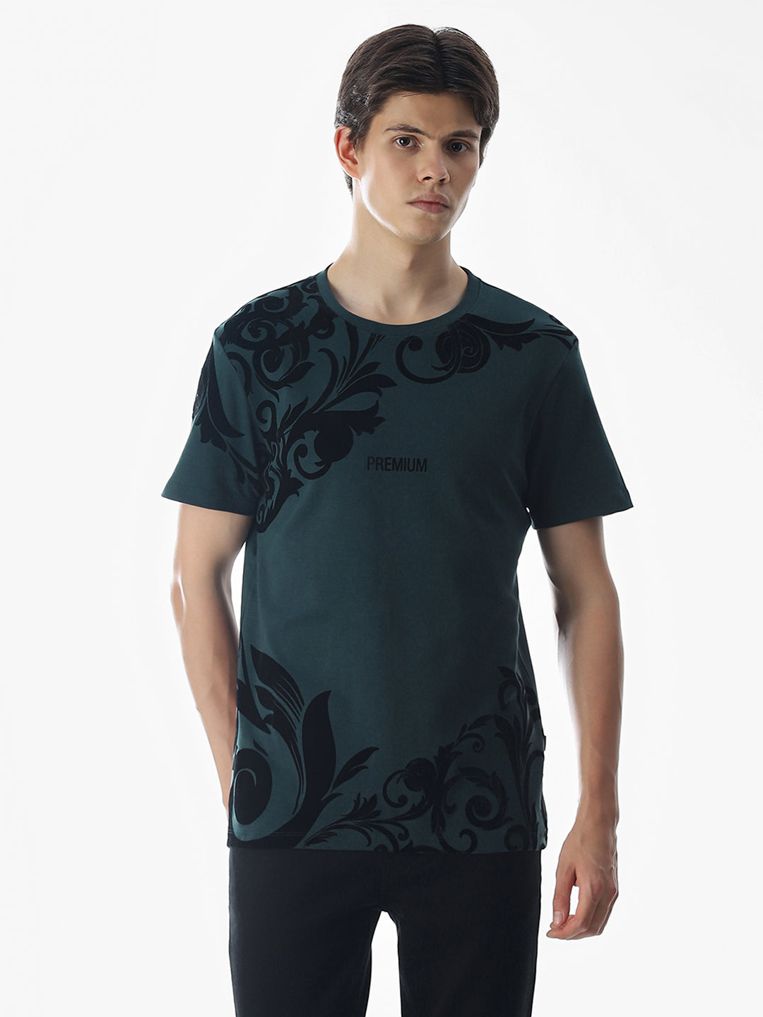 Dark Green Printed Cotton T-shirt