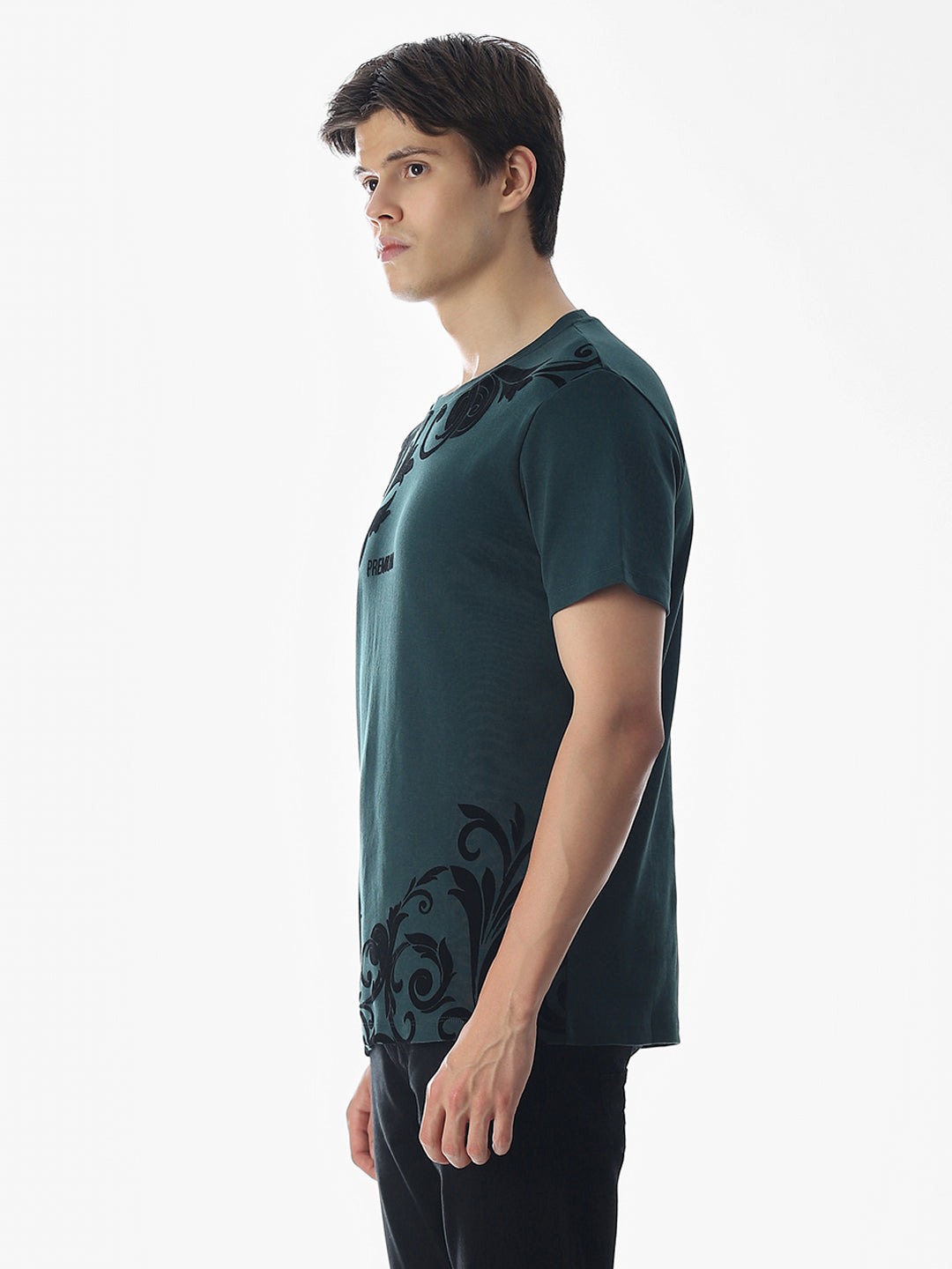 Dark Green Printed Cotton T-shirt
