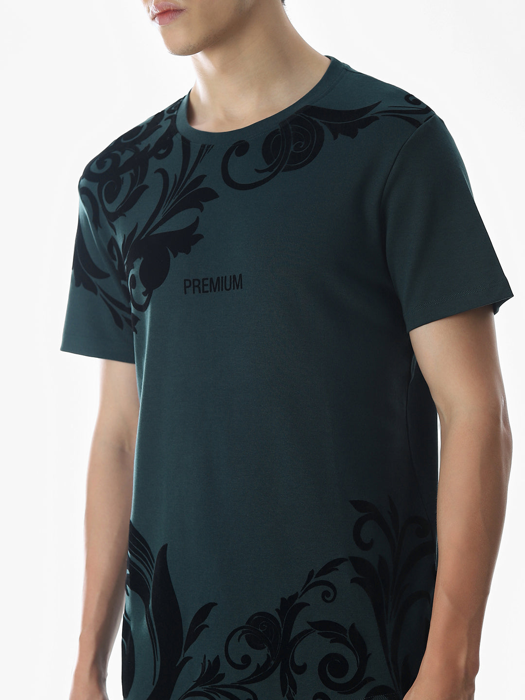 Dark Green Printed Cotton T-shirt